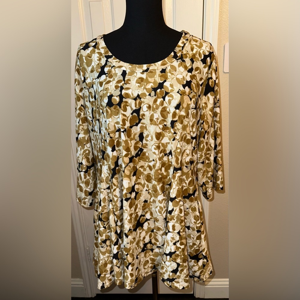 Attitudes by Renee Women’s XL Knit Tunic Top Geometric Tan Black White Pockets